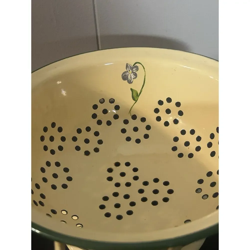 Vintage Enamelware Footed Colander Strainer Yellow Green Floral Farmhouse
